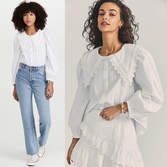 LOVESHACKFANCY Lace Embroidered Oversized Collar Puff Long Sleeve Pintuck Top XS - Picture 1 of 16